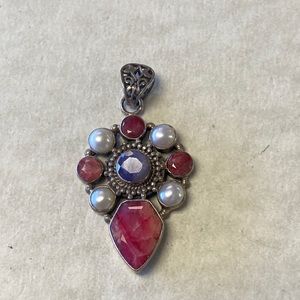Sterling silver 924 ruby , amethyst snd pearl pendant